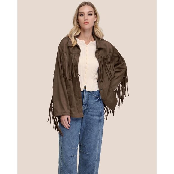 Women's Faux Suede Fringe Jacket Vintage Western Cowgirl Tassel Jackets Coffee - Picture 7 of 7